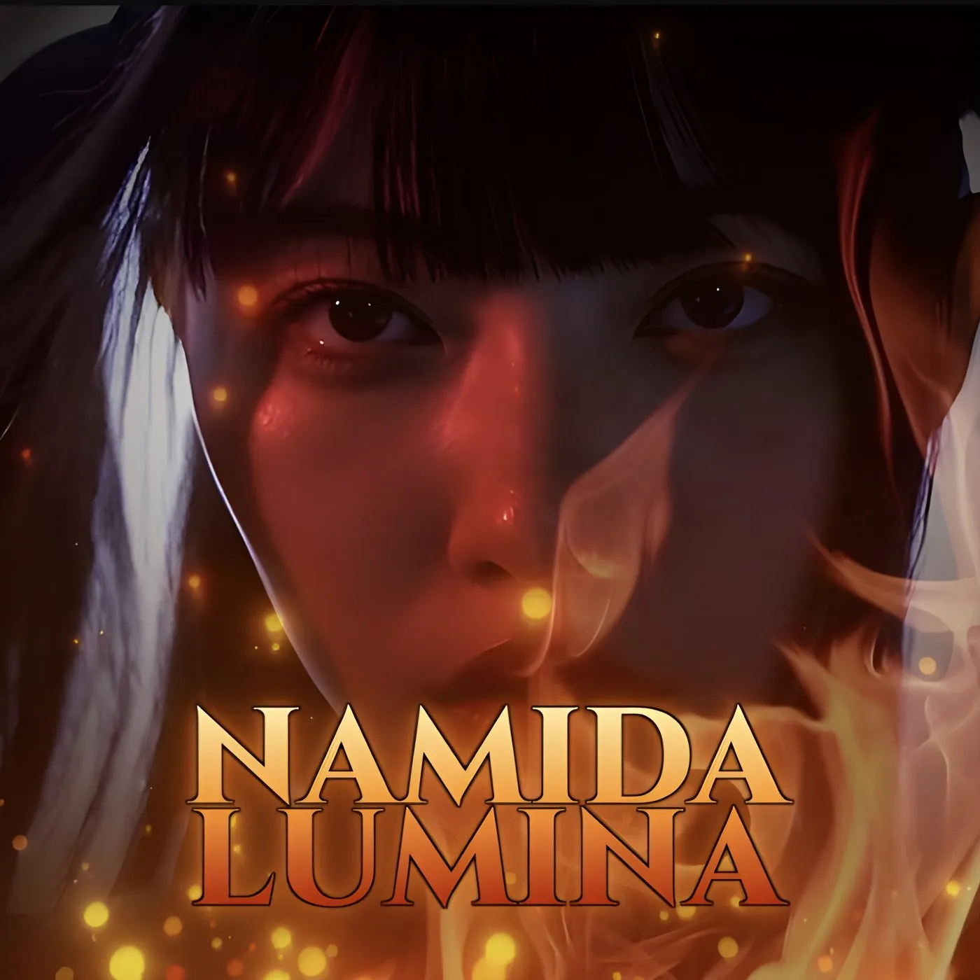 Sadina's face in firelight, embers drifting, with the Namida Lumina wordmark.