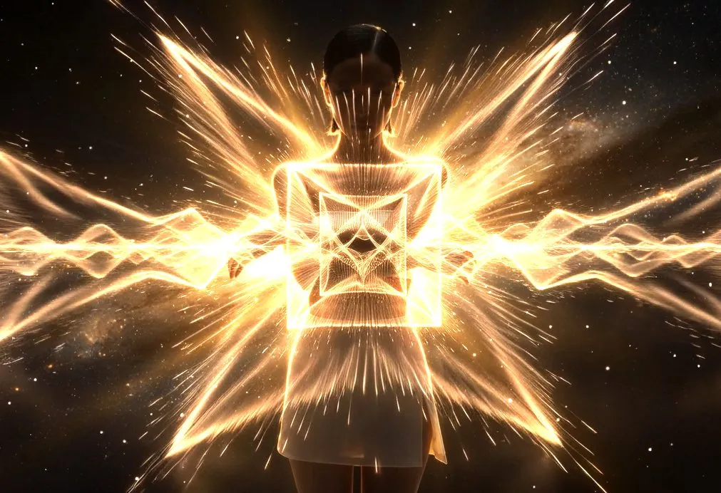 A figure seen from behind, wrapped in bursting golden light.