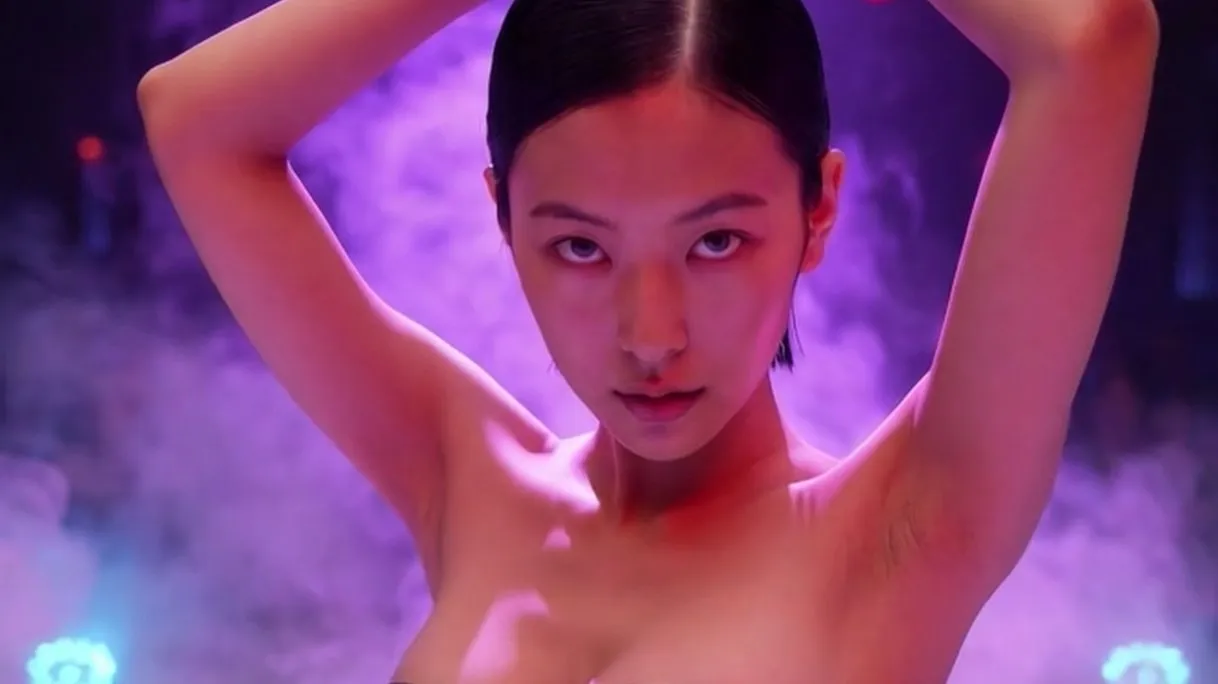 Sadina in violet haze, arms raised.
