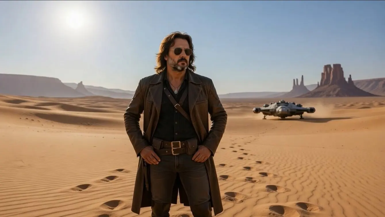 Jack T. Cohan, official character art by Shem Booth-Spain: standing in a desert beside a landed craft.