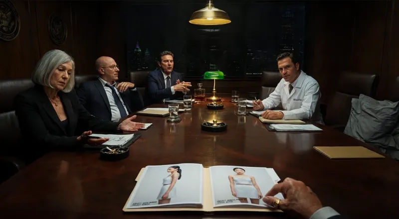 Four people at a dark wood boardroom table under a brass lamp at night; in the foreground, an open file holds two full-length photographs of Sadina.
