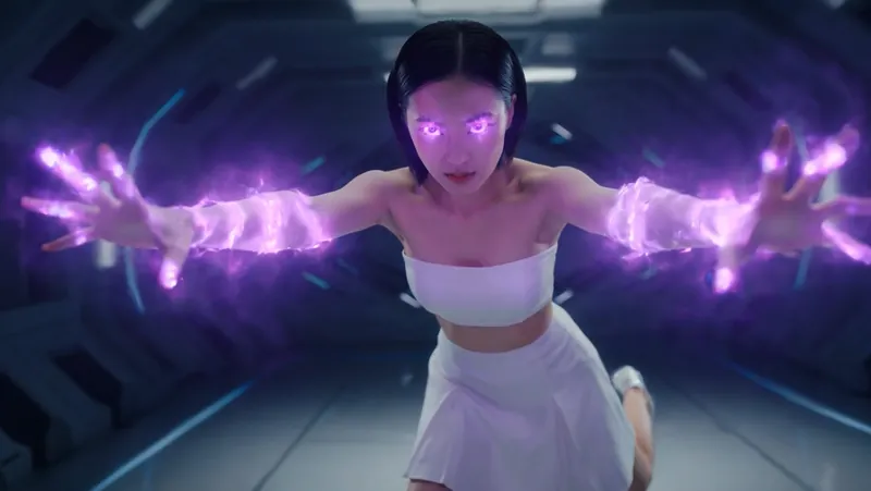 Sadina in white in a ship-like corridor, eyes glowing violet, violet energy streaming along her outstretched arms.