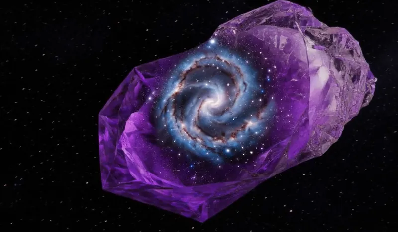 A rough violet crystal adrift in space, with a spiral galaxy visible inside it.