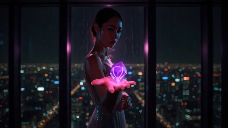 Sadina at a rain-streaked window high above a night city, a glowing violet crystal hovering over her open palm.