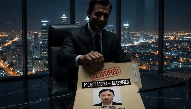 A man in a dark suit at a night-time office window smiles as he lifts a manila folder stamped CLASSIFIED and labelled PROJECT SADINA – CLASSIFIED, with Sadina’s photo clipped to it.