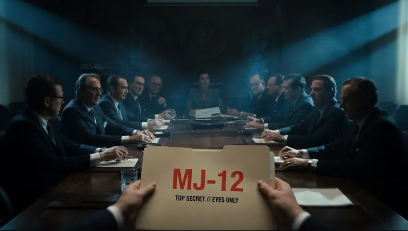 Hands hold up a manila folder marked MJ-12 and TOP SECRET // EYES ONLY across a long, smoky conference table of people in suits.