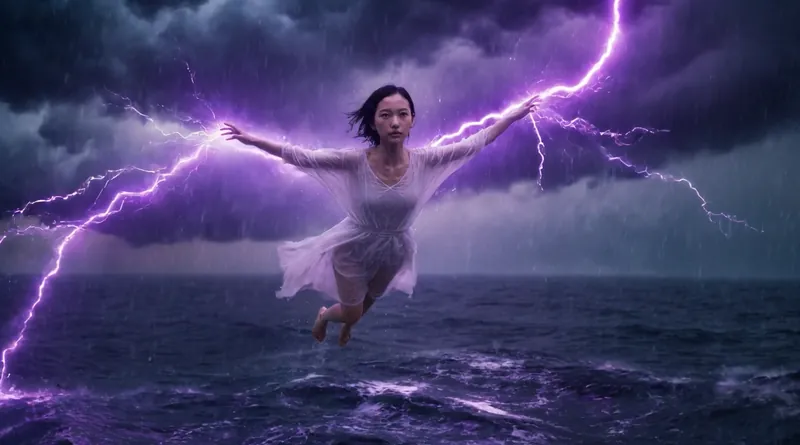 Sadina flies low over a dark, stormy sea, arms spread wide, violet lightning branching from her hands.