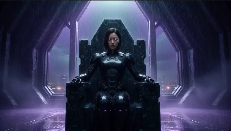 Sadina in black armour on a dark throne, eyes glowing violet, rain and city lights beyond tall angular windows.